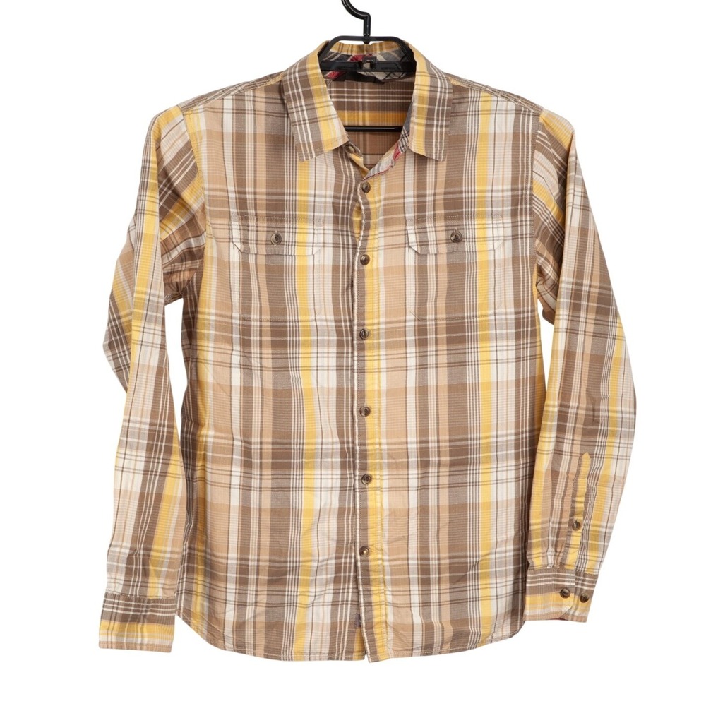 The North Face Button Down Shirt Mens M Brown Yellow Plaid Long Sleeve Cotton